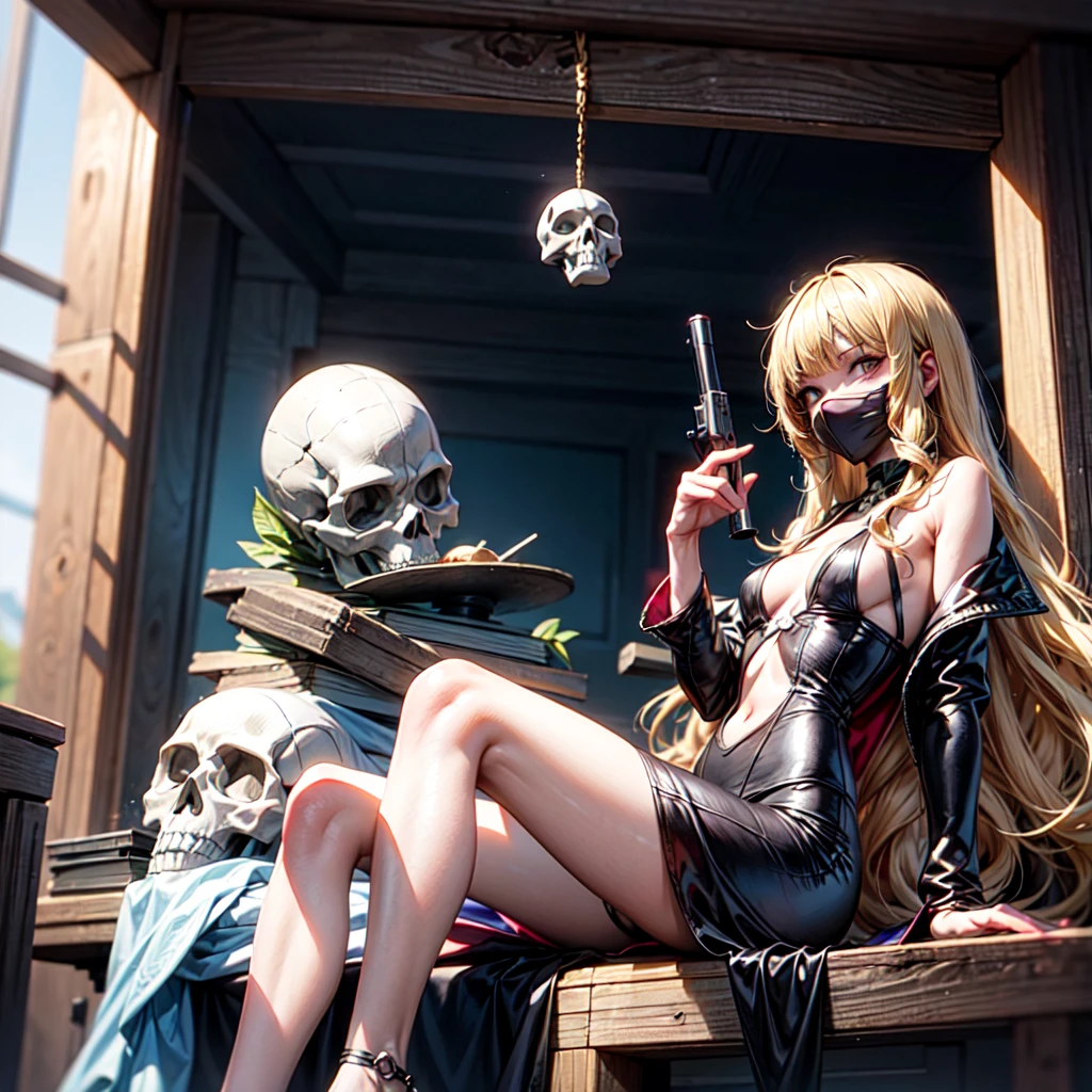 Emeraldas, skull_and_Crossbones,One person,alone,Tavern , Long Gun,Exposing the legs