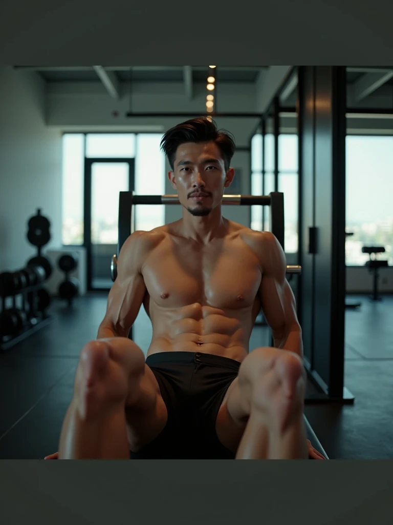 generate a master photograph describing a shapely Man, a fitness model performing a challenging core workout in a modern gym, (8K, best quality), smile, brown hair, black hair, (hard chest, six pack, v cut), He is in a sit-up position, showing off his defined abs. The gym background is sleek and clean, with natural lighting enhancing his physique, (He has sexy hard chest, Most sexy v-cut , Most sexy six pack), Manly, Mancore, (He has fit chest, sexy six pack, sexy v-cut, extremely sexy hips), (asian skin, glistening skin, beautiful complexion), shot on Fujifilm superia, (Studio soft light, high detail, cinematic lighting, rim lighting), Style: (hyperrealistic, by DynastySeries FashionNova, photo, {{{masterpiece photography}}}, analog photograph, professional fashion photoshoot, trending on artstation, synthwave, krrrsty), Quality: (photographed, masterpiece, highest resolution), Definition: (highres, sharp focus, 8k uhd, ultra photo-realistic resolution), Film: (80 mm, shot on portra 120, shot on Fujifilm), Resolution: (extremely detailed, (sharp focus:1.5), cinematic lighting, dramatic lighting, ultra photo-realistic), luxury:
