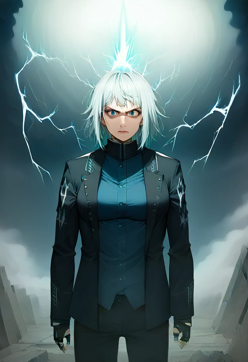 score_9, score_8_up, score_7_up, source_anime, 1girl, solo, dmc5vergil, (medium breasts), white hair, (medium hair),  blue eyes, black coat, fingerless gloves, pants, standing, surprised face, upset, looking at down, blue aura, lightning, wasteland, gray landscape, desolated, gray plain,