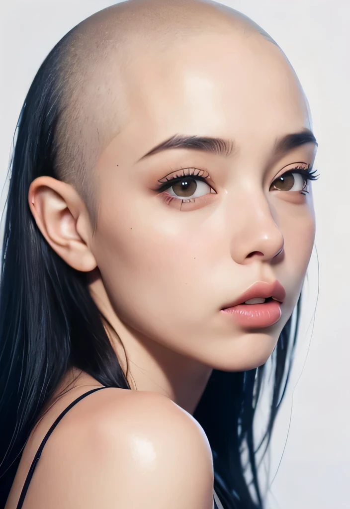 Passport style photo, Brightly lit front facing Bald Billie eilish Attractive female woman front view, front view focus on face, portrait , face portrait close up, close-up, bald beauty, face centered, symmetrical face, beautiful lips, white skinned sexy griffon female griffon alien no hair her head, with a sexy knock out body, large saggy tits, (Her face is gorgeous), Her skin is smooth, moist, and glossy, perky sharp ears, clean lines, photoshoot, no background, sexual soft skin, sexy extraterrestrials,she has plump juicy lips,
