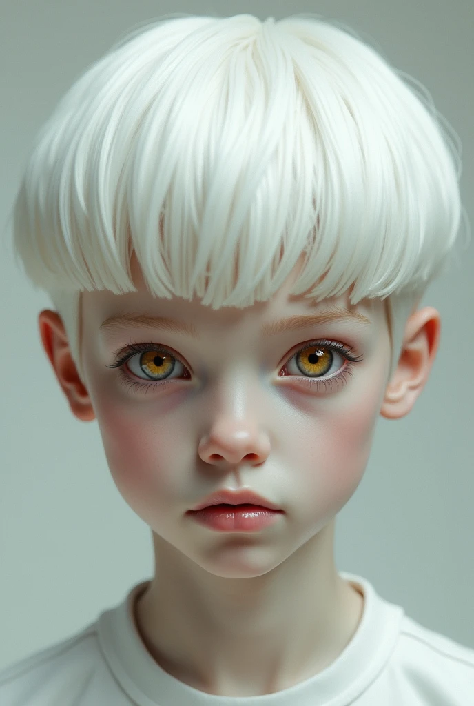 A white-haired boy with a mushroom cut with white skin,Golden eyes staring straight ahead 