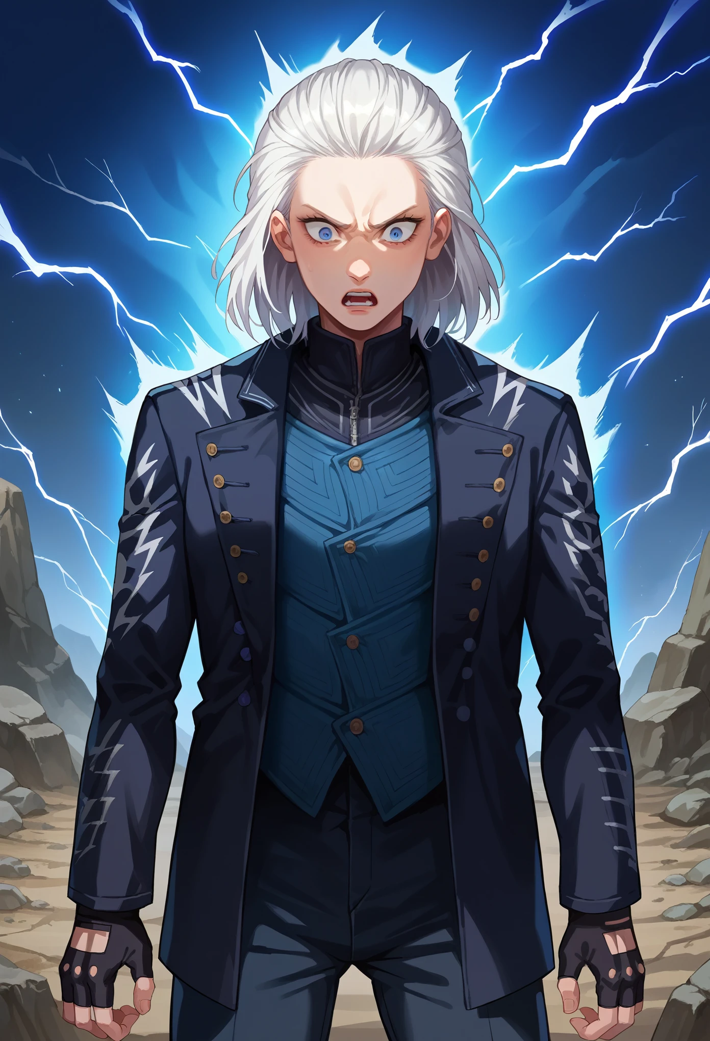 score_9, score_8_up, score_7_up, source_anime, 1girl, solo, dmc5vergil, medium boobs, white hair, (medium hair:1.5),  blue eyes, black coat, fingerless gloves, pants, standing, surprised face, upset, looking at down, blue aura, lightning, wasteland, gray landscape, desolated, gray plain,