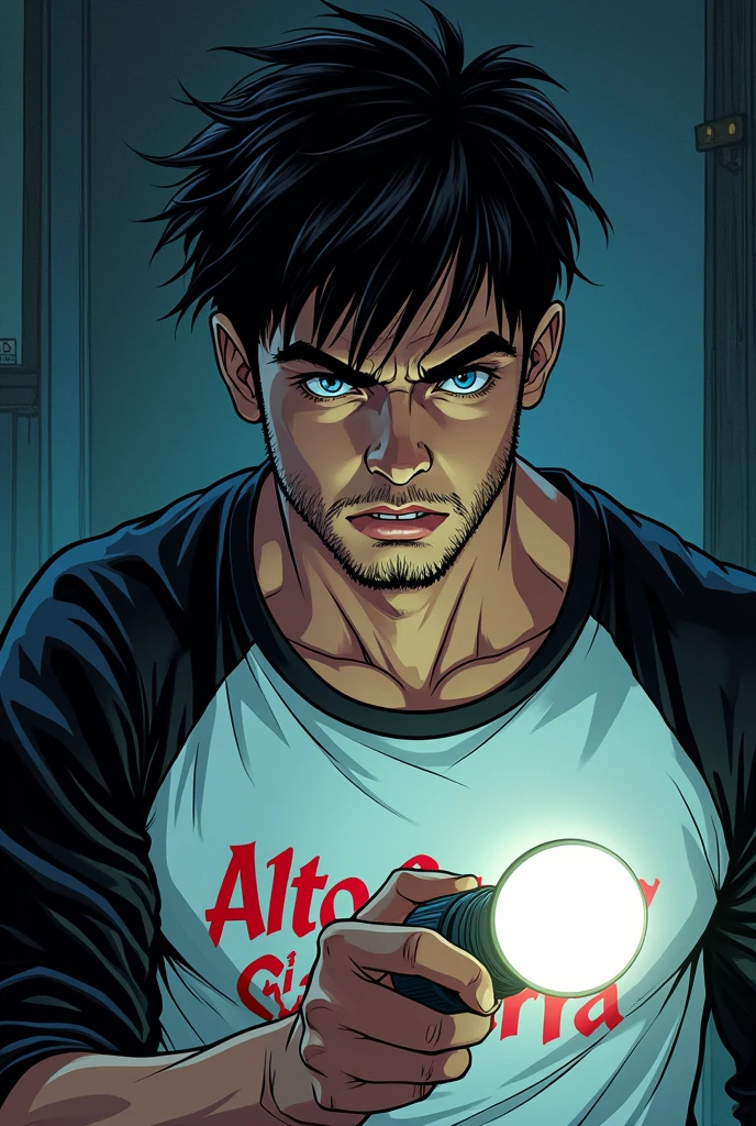 Comic book style image, man 20 years old badboy, short messy black hair with blue eyes with angry expression, beard made, defined body with a white shirt with black sleeves with Alto Da Serra written in red, holding a flashlight in his hand looking for something, de corpo inteiro, kind of dark academia style