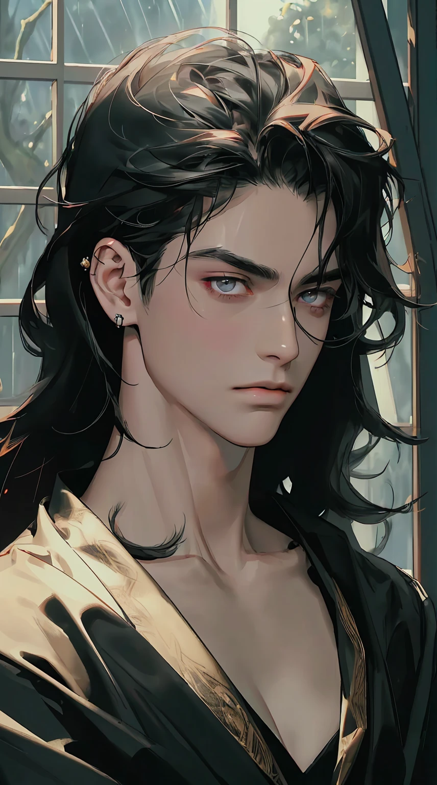 (8K, RAW photos, Best quality, masterpiece: 1.4), Ultra-high resolution, ultra - detailed, Close-up cleavage, Handsome man, red eyes, (Detailed eyes, The eyes are bright:1.2), Medium black hair with long bangs over forehead, pale-skinned, ear piercings, Dark, black king clothes, regal, Meticulous clothes, gold accessories on clothes, (perfect anatomia:1.2), Highqualityshadow, natural  lighting, dark throne room background with window that shows rain.
