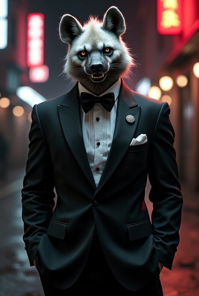 Hyena gangster wearing tuxedo black and white 