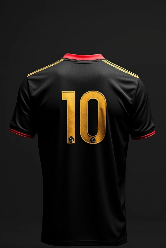A football shirt with the number 10 on the back in gold with red details on the collars and 2 gold shoulder stripes on a black background without a player