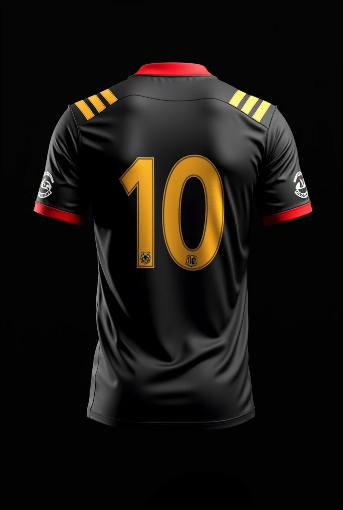 A football shirt with the number 10 on the back in gold with red details on the collars and 2 gold shoulder stripes on a black background without a player
