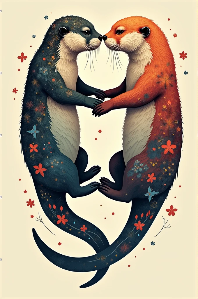 Tatoo idea, two otters floatin on their backs, holding hands, tribal and geometrical, colorful, more silhoette, less tribal inside, add the environment