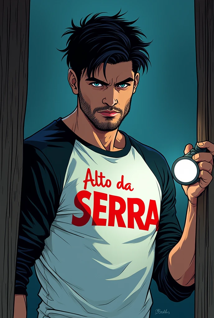 Comic book style image, man 20 years old badboy, short messy black hair with blue eyes with serious expression, beard made, defined body with a white shirt with black sleeves with Alto Da Serra written in red, holding a flashlight in his hand looking for something, de corpo inteiro, kind of dark academia style 