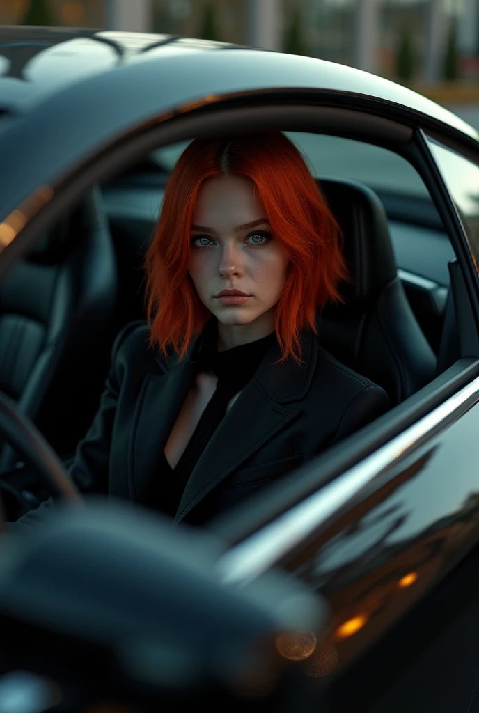 Korean redhead girl inside a black BMW car