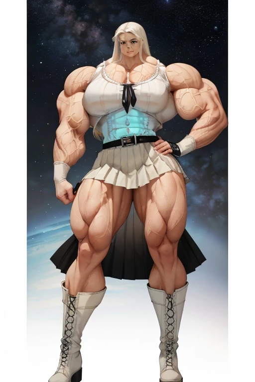 ((Close-up)), tall, (White hair) beautiful muscular woman, long straight hair, light brown skinned, closed smile, (black lipstick), (massive muscles), (hyper muscle), ((ginormous bulky muscles)), blue eyes, (((sleeveless white pleated shirt))), (((long black pleated skirt with belt))), (fingerless gloves), necktie, boots, in a starry field, 