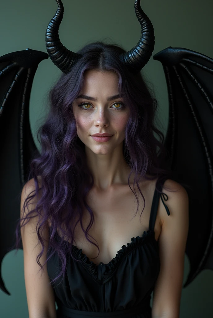 photo d'une femme de 25 ans, long curly dark purple hair. deux petites cornes noir. un doux visage aux yeux jaunes. She is smiling. From his back protrude two large smooth black demon wings. she wears a black dress