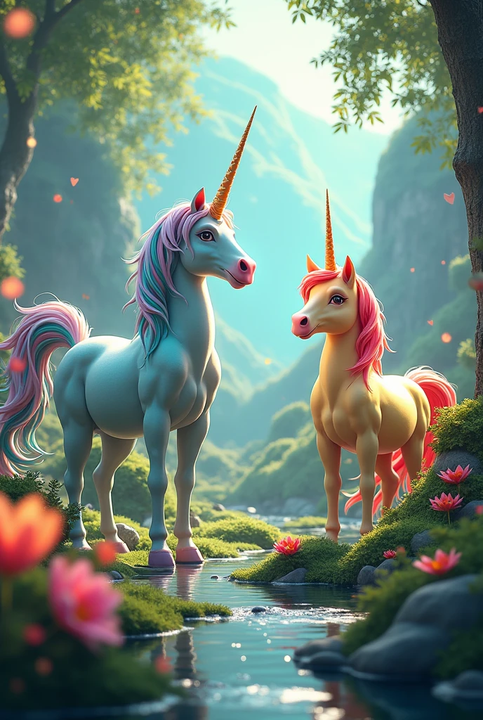 image of several fancy and colorful unicorns in paradise like in the most realistic cartoons 