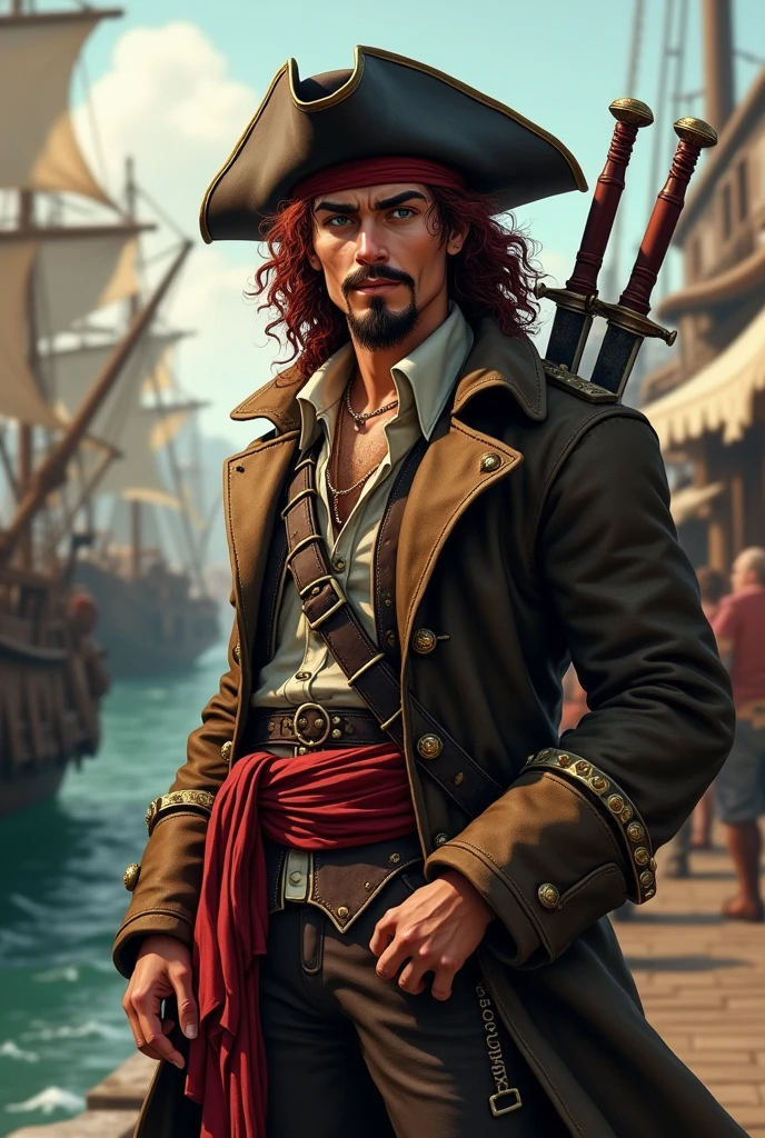 Create an image of a full human race pirate for D&D. A young pirate of 20 years old with long curly hair and garnet red color, a goatee and a garnet red moustache and dark green eyes. He wears a black leather battered hat, He wears a long, worn and old brown pirate-style trench coat, with a light shirt and a ruined vest underneath. In life he wears a red sash with a belt and two bastard swords on his back., in the background a pirate port. 