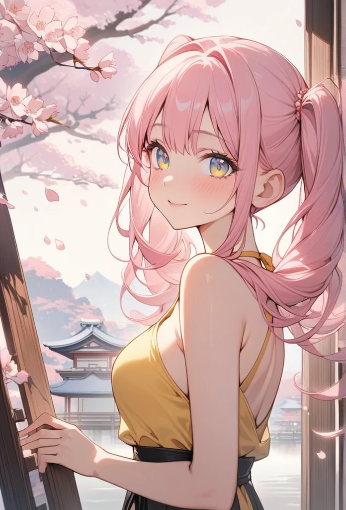 8K resolution, ((highest quality)), ((masterpiece)), ((Super detailed)), (And yet delicate and beautiful), beautiful girl, alone, gentle expression, She and(relax)and(Calm)exterior, pink hair in twintails,written boundary depth, bright smile, young look, bright gold-colored eyes, Beautiful pink hair, beautiful background, long hair, line drawing, yellow halter top,medium breasts,bare arms,Japan, Japanese Style, cherry blossomsのように輝く瞳, upper grade, wonderful eyes, cherry blossoms, cherry blossomsの木, cherry blossomsの花が舞っている, Upper body