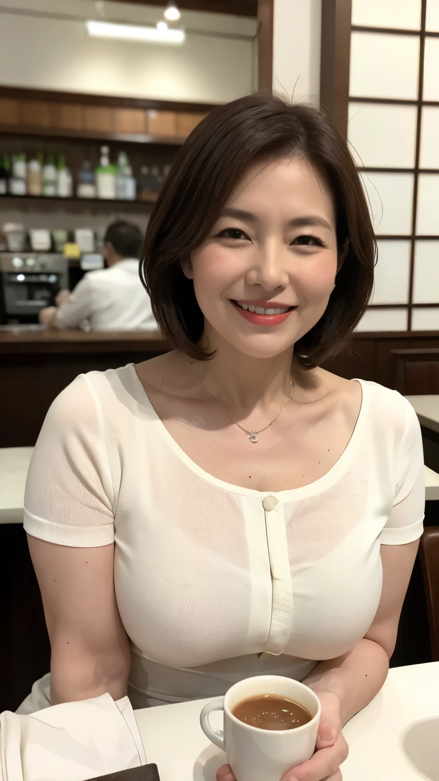 8k wallpaper, masterpiece, Highest quality, Very detailed, One Mature Woman, 50 years old, Become very clear, Wearing a short-sleeved knit, Skin dents, Captivating smile, Looking at the audience, No lapel microphone, Plump, Curvaceous, Attractive face, Smiling with teeth showing, I was happy, sitting in a cafe, Background Blur