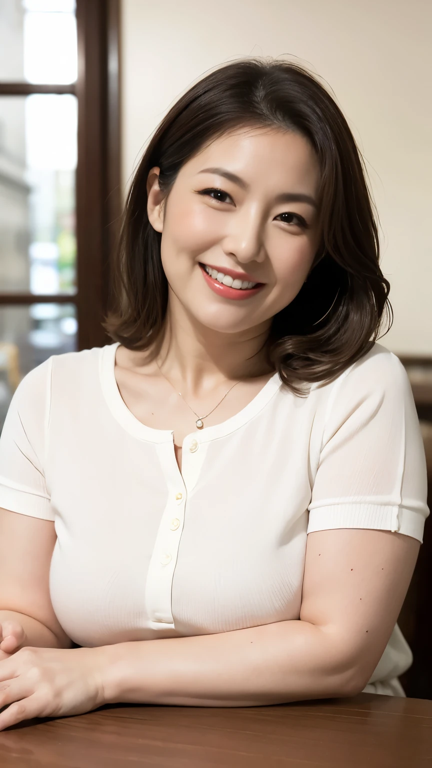 8k wallpaper, masterpiece, Highest quality, Very detailed, One Mature Woman, 50 years old, Become very clear, Wearing a short-sleeved knit, Skin dents, Captivating smile, Looking at the audience, No lapel microphone, Plump, Curvaceous, Attractive face, Smiling with teeth showing, I was happy, sitting in a cafe, Background Blur