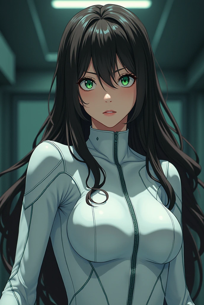 20 year old woman with long dark brown hair and green eyes wearing a white infiltration suit about to give birth with the baby almost out. anime styling.