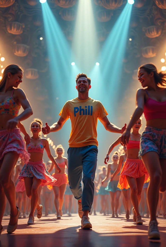 create people parading on a stage with a shirt that says Phill