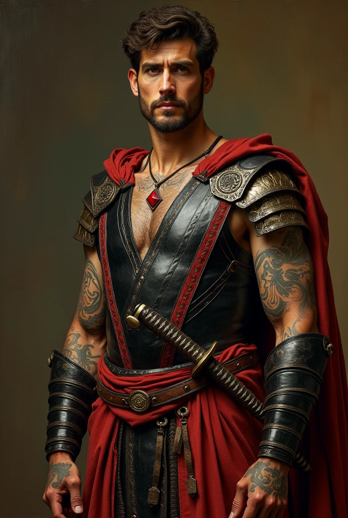 {{masterpiece, Best Quality, oil painting, by Franz von Stuck, by James Tissot, by Moebius, male focus, Muted colors}}, The composition is: ((((((Very dramatic half-length portrait of a handsome Julius Caesar, Emperor of Rome, 30 years old., Brown leather, tan, safe, Magnificent, tattooed, Brown hair. His face is tattooed, He has snake eyes.)))))). (((((She wears a shiny silk dress., Ancient black and red ronin armor with praetorium-inspired elements, made of crocodile skin, She wears a red diamond-shaped pendant., armed with katana))))).
