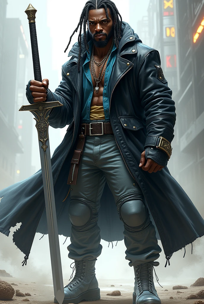 black male, eyes browns, brawny, Cao Cao, short dreadlocks hair, light blue mid-length collared jacket, shiny black leather overcoat, gray biker pants, clear boots, sword in hand. pants over boots,