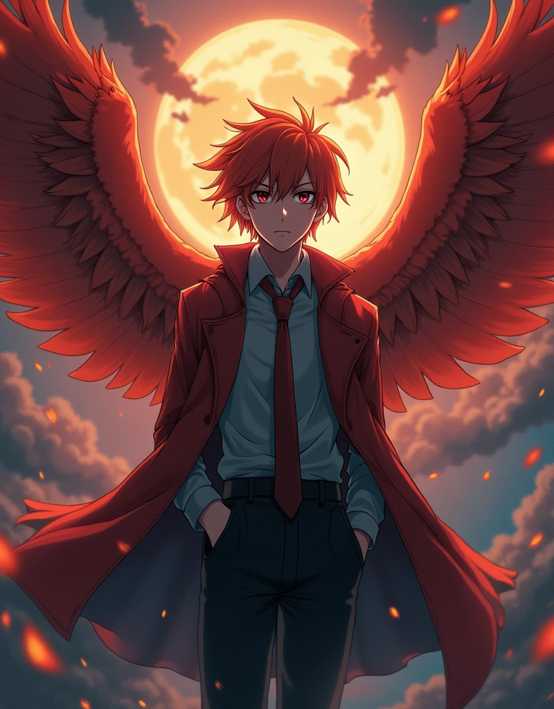 1boy, solo,mature male, elemental phoenix, serious, anime screencap, (best quality, highly detailed, masterpiece, UHD), (Photorealistic:1.3), fullbody shot, in a stormy background