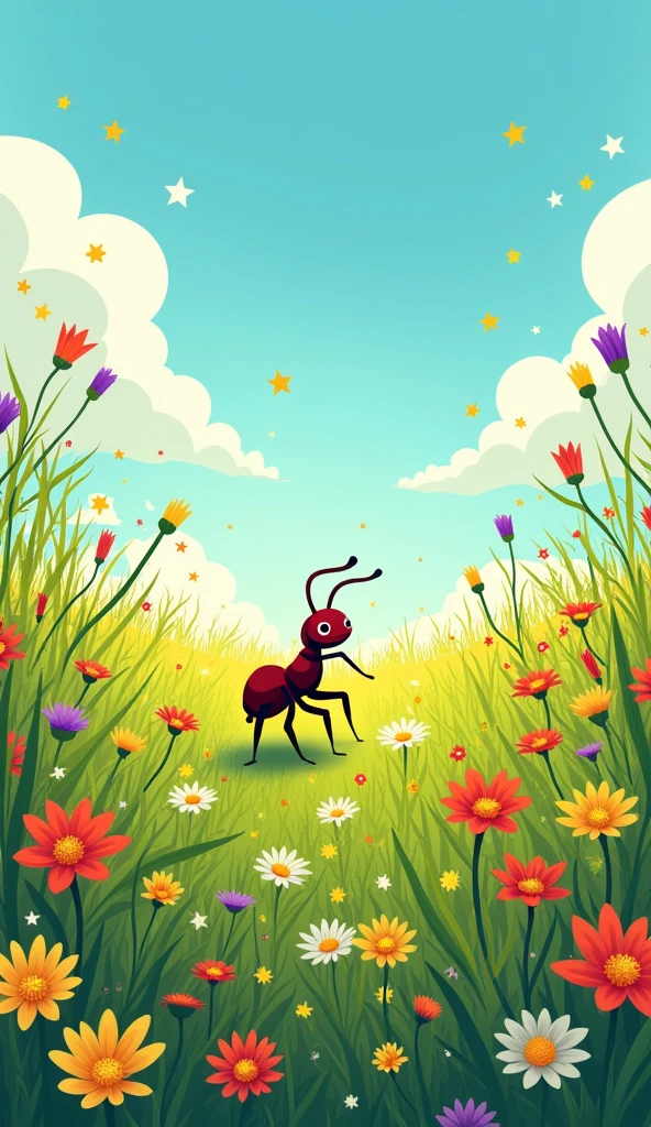 A bright, sunny meadow with flowers and tall grass. The ant is seen carrying food back to its nest.
Show as cartoons