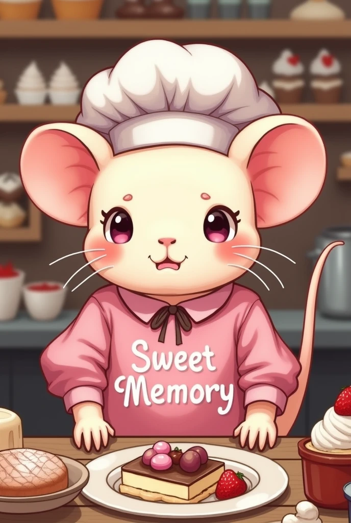 Axolotl animal dressed as a pastry chef with her pink blouse that says Sweet Memory, It is a pastry and catering business, but don't look like a rat, It's that the axolotl looks like a rat, I don't want to look like a rat