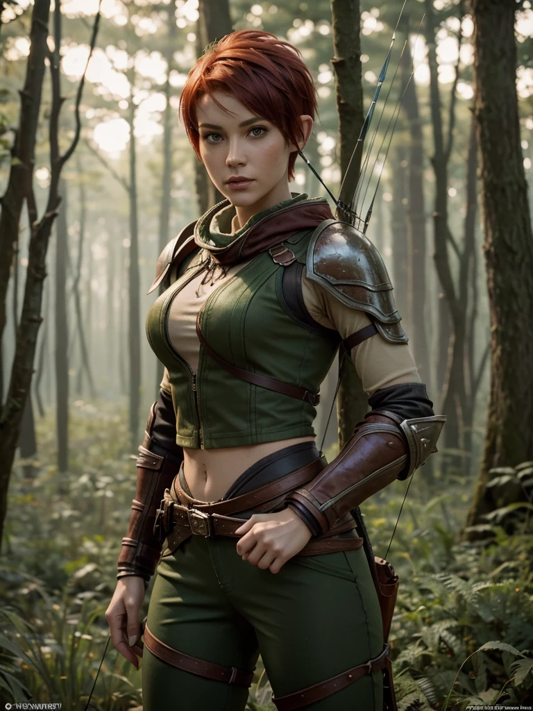slim feminine figure, redhead, best quality, realistic skin texture, photography, film grain texture and high contrast, extremely high-resolution details, photographic, photorealistic, hyper-realistic, HDR, masterpiece, ((short pixie hair)), dressed up as a hunter from world of warcraft, full green hunter armor, bow and arrows, a green lust forest in the background, brown pants