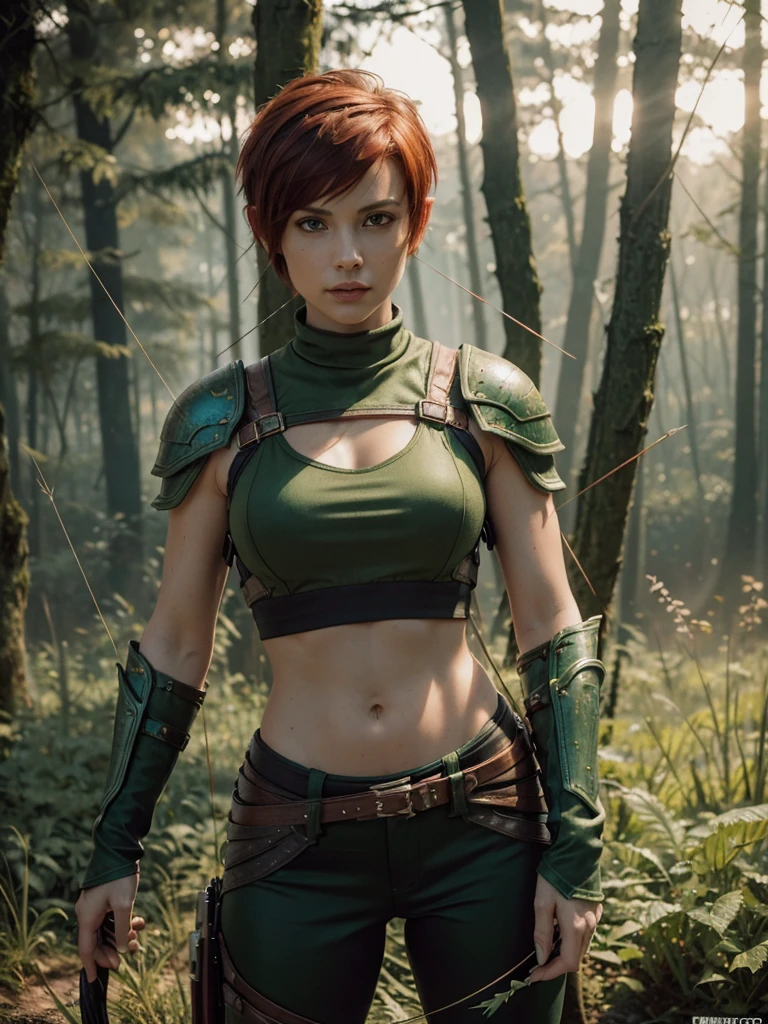 slim feminine figure, redhead, best quality, realistic skin texture, photography, film grain texture and high contrast, extremely high-resolution details, photographic, photorealistic, hyper-realistic, HDR, masterpiece, ((short pixie hair)), dressed up as a hunter from world of warcraft, full green hunter armor, bow and arrows, a green lust forest in the background, brown pants