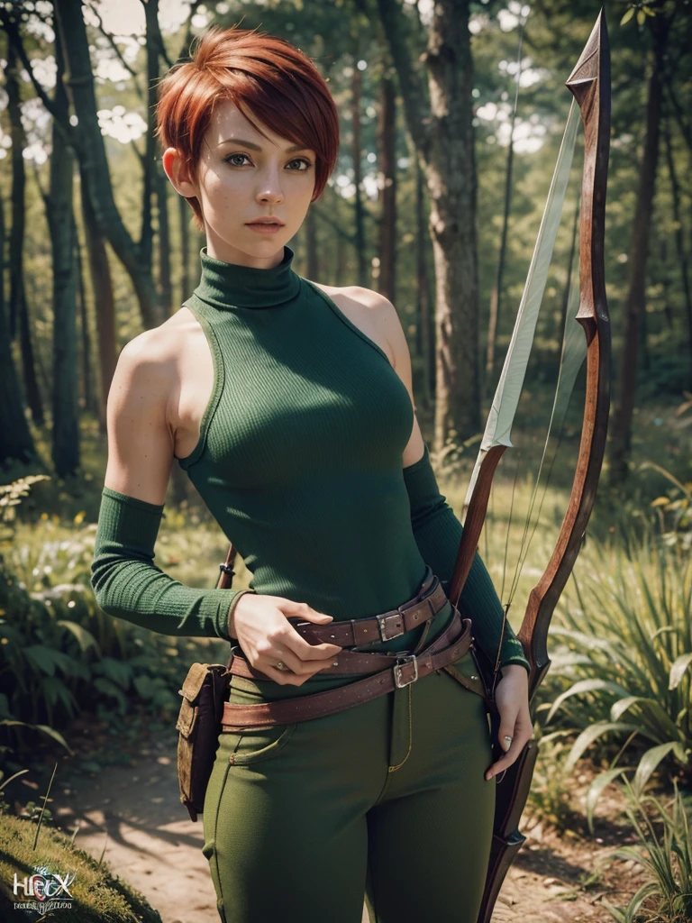 slim feminine figure, redhead, best quality, realistic skin texture, photography, film grain texture and high contrast, extremely high-resolution details, photographic, photorealistic, hyper-realistic, HDR, masterpiece, ((short pixie hair)), dressed up as a hunter from world of warcraft, full green hunter armor, bow and arrows, a green lust forest in the background, brown pants