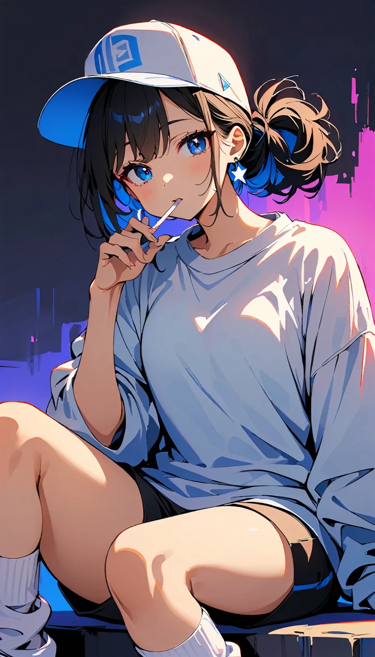 (high quality, 8k, 4K, High Contrast, masterpiece:1.2, 最high quality, Best aesthetics), (Dynamic Angle), ((1 female)),((Sitting on the ground facing forward)), , ((Plain and bright background)), ((Flat Color)), (Gray oversized sweatshirt), ((Black shorts)),(white super loose socks), Looking at the audience, Transparent Background, (Cool look), Sleepy eyes, High Contrast, Contrasting colors, , Pale pink and blue lighting, ((Short Hair)) , (Tied Hair), Black Hair, Red eyes, Droopy eyes, (Narrow eyes), Small star-shaped earrings in both ears, bright eyeshadow,low angle shot, Baseball Cap,Smoking a cigarette