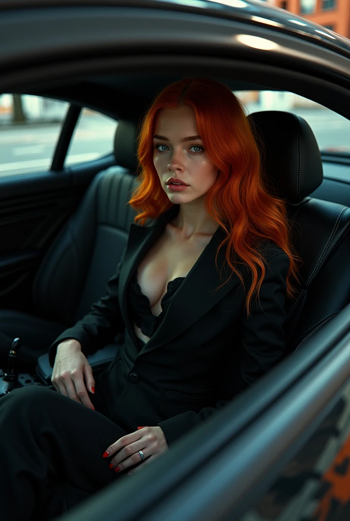 Korean redhead girl inside a black BMW car