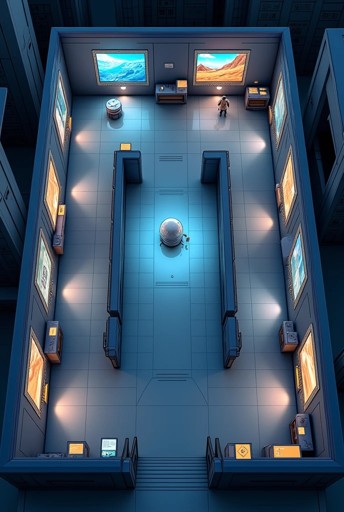 a map of a museum seen from above with interactive displays on the walls, where the theme is space travel, the map should be only one floor, with four separate rooms, no people inside