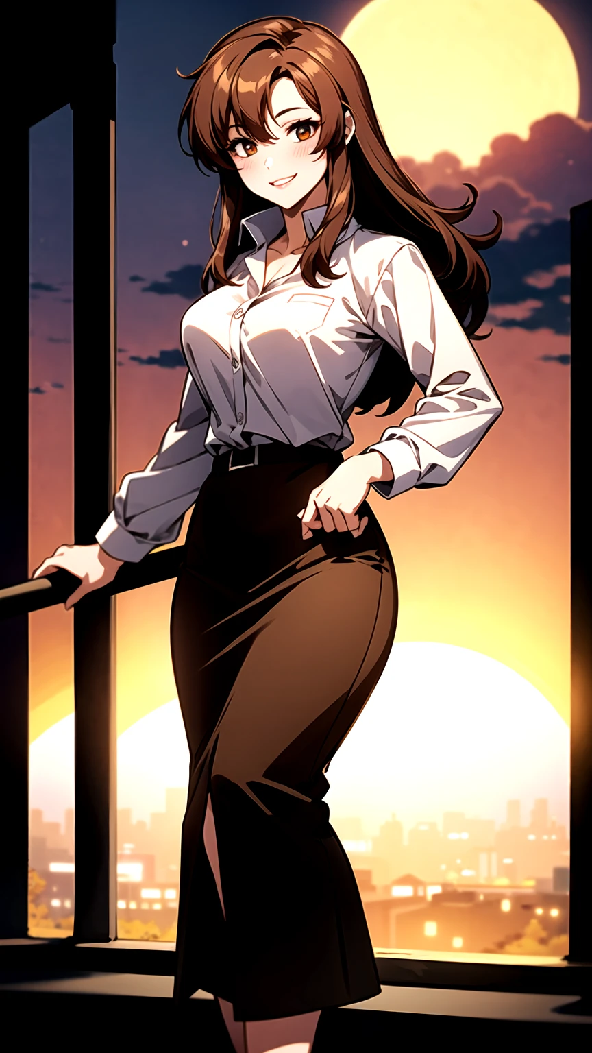 （（super high quality,Ultra-high resolution,16K,super masterpiece,Ultra HD ,Detailed shading,））On top of a hill lit by the setting sun,Sexy Mature,（（A pink shirt with a tight standing collar,Sexy,））Folded long sleeves,Red pencil skirt,Looking into the camera,Brown medium long hair,A kind smile,blush,Thick lips,