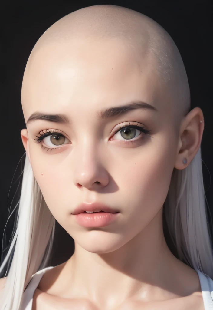 Passport style photo facing forward,  Brightly lit front facing Bald Billie eilish Attractive female woman front view, front view focus on face, portrait , face portrait close up, facing the viewer, maintains eye contact, close-up, bald beauty, face centered, symmetrical face, beautiful lips, white skinned sexy griffon female griffon alien no hair her head, with a sexy knock out body, large saggy tits, (Her face is gorgeous), Her skin is smooth, moist, and glossy, perky sharp ears, clean lines, photoshoot, no background, sexual soft skin, sexy extraterrestrials,she has plump juicy lips,