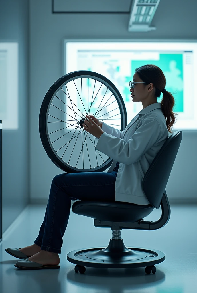 Create an image of the setup used in the angular motion conservation experiment which consists of a rotating chair., A person sitting on this chair while holding a bicycle wheel by means of handles that it has, The handles are in the center of the wheel and are short..