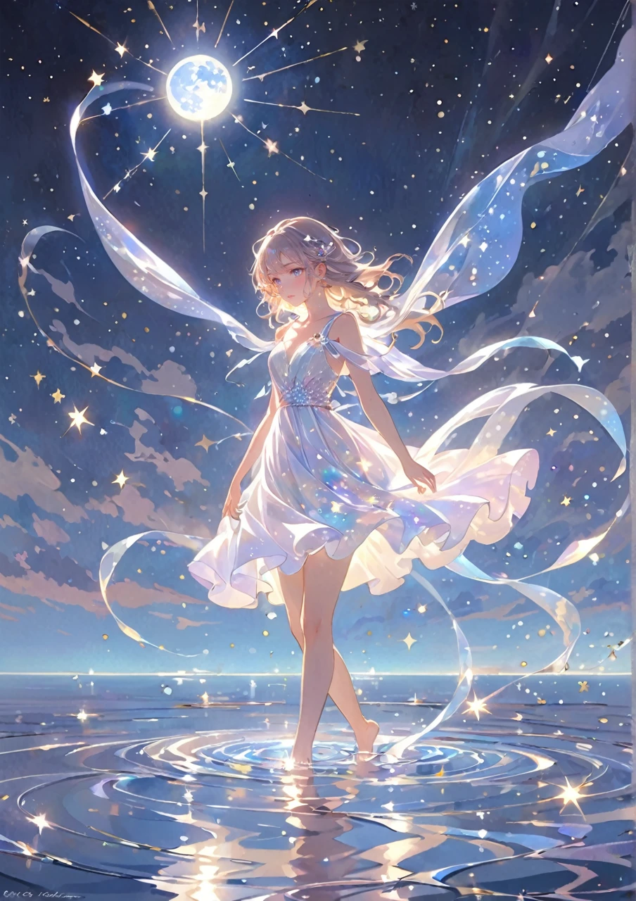 A girl standing alone under the starry night sky, with her silhouette illuminated by the soft moonlight and twinkling stars. Her face is beautifully detailed, with mesmerizing eyes that seem to reflect the universe itself, long and fluttering eyelashes, and exquisitely defined lips. She is dressed in an elegant gown, flowing and ethereal, embracing her figure gracefully as it glimmers with a subtle celestial glow. The intricate details of her dress catch the faint starlight, creating a mesmerizing sparkle. The surrounding landscape showcases a serene ocean. The air is filled with a gentle breeze, causing the fabric to sway delicately. The  is bathed in a warm, dreamy color palette, with hues of deep blues, purples, and hints of silver. The atmosphere is calm and tranquil, evoking a sense of peace and serenity. The artwork is of the highest quality, meticulously created with ultra-detailed brushstrokes and precise attention to every element. The texture and depth of the painting are breathtaking, with a sense of realism and photorealism that captures the awe-inspiring beauty of the night sky. The lighting is soft and diffused, casting a gentle glow over the entire scene, enhancing the magical ambiance. The girl's presence radiates a sense of mystery and wonder, as if she holds a secret connected to the celestial beings above. The overall composition evokes a feeling of timelessness and captures the essence of a StarSign, an artwork that embodies the celestial beauty and inner strength of a girl in harmony with the stars. Barefoot,walking on water
