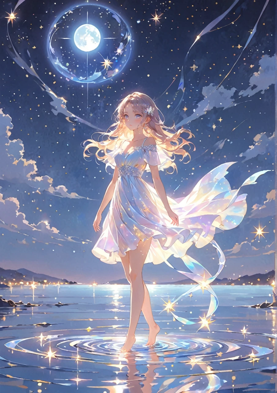 A girl standing alone under the starry night sky, with her silhouette illuminated by the soft moonlight and twinkling stars. Her face is beautifully detailed, with mesmerizing eyes that seem to reflect the universe itself, long and fluttering eyelashes, and exquisitely defined lips. She is dressed in an elegant gown, flowing and ethereal, embracing her figure gracefully as it glimmers with a subtle celestial glow. The intricate details of her dress catch the faint starlight, creating a mesmerizing sparkle. The surrounding landscape showcases a serene ocean. The air is filled with a gentle breeze, causing the fabric to sway delicately. The  is bathed in a warm, dreamy color palette, with hues of deep blues, purples, and hints of silver. The atmosphere is calm and tranquil, evoking a sense of peace and serenity. The artwork is of the highest quality, meticulously created with ultra-detailed brushstrokes and precise attention to every element. The texture and depth of the painting are breathtaking, with a sense of realism and photorealism that captures the awe-inspiring beauty of the night sky. The lighting is soft and diffused, casting a gentle glow over the entire scene, enhancing the magical ambiance. The girl's presence radiates a sense of mystery and wonder, as if she holds a secret connected to the celestial beings above. The overall composition evokes a feeling of timelessness and captures the essence of a StarSign, an artwork that embodies the celestial beauty and inner strength of a girl in harmony with the stars. Barefoot,walking on water