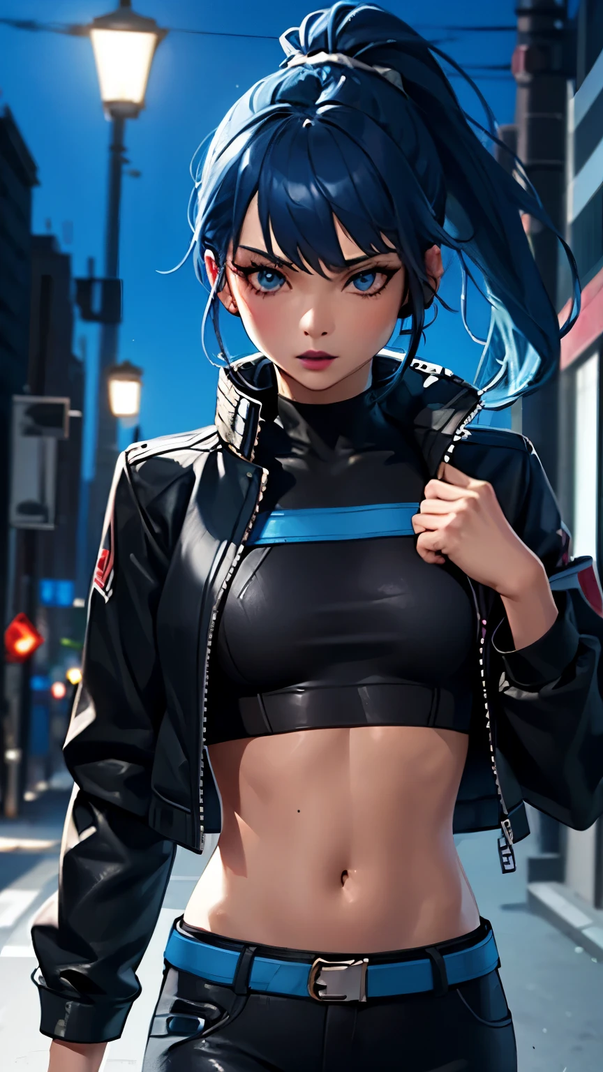 Night City detailed background, Night city detailed scenario, SplitScreen, splitscreen, 1girl, solo, HeroicHopeFN, crop top, black top, open clothes, (jacket crop top, black jacket, blacks pants,blue loose, loose,) blue hair, ponytail, blue eyes, headset, blue lips, lipsticks 