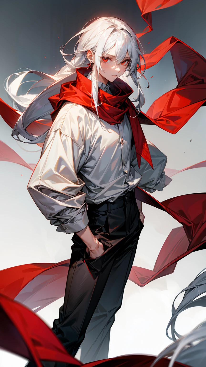 1male, Adult, Long White Hair, White Baggy Long Sleeve Shirt, Baggy Black Pants, Red Eyes, Red Scarf, Earring, Masculine