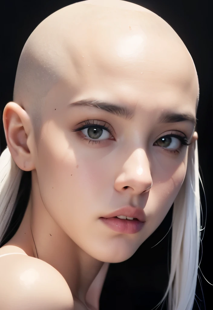 Passport style photo facing forward, Brightly lit front facing Bald Billie eilish Attractive female woman front view, front view focus on face, portrait , face portrait close up, facing the viewer, maintains eye contact, close-up, bald beauty, face centered, symmetrical face, beautiful lips, white skinned sexy griffon female griffon alien no hair her head, with a sexy knock out body, large saggy tits, (Her face is gorgeous), Her skin is smooth, moist, and glossy, perky sharp ears, clean lines, photoshoot, no background, sexual soft skin, sexy extraterrestrials,she has plump juicy lips,