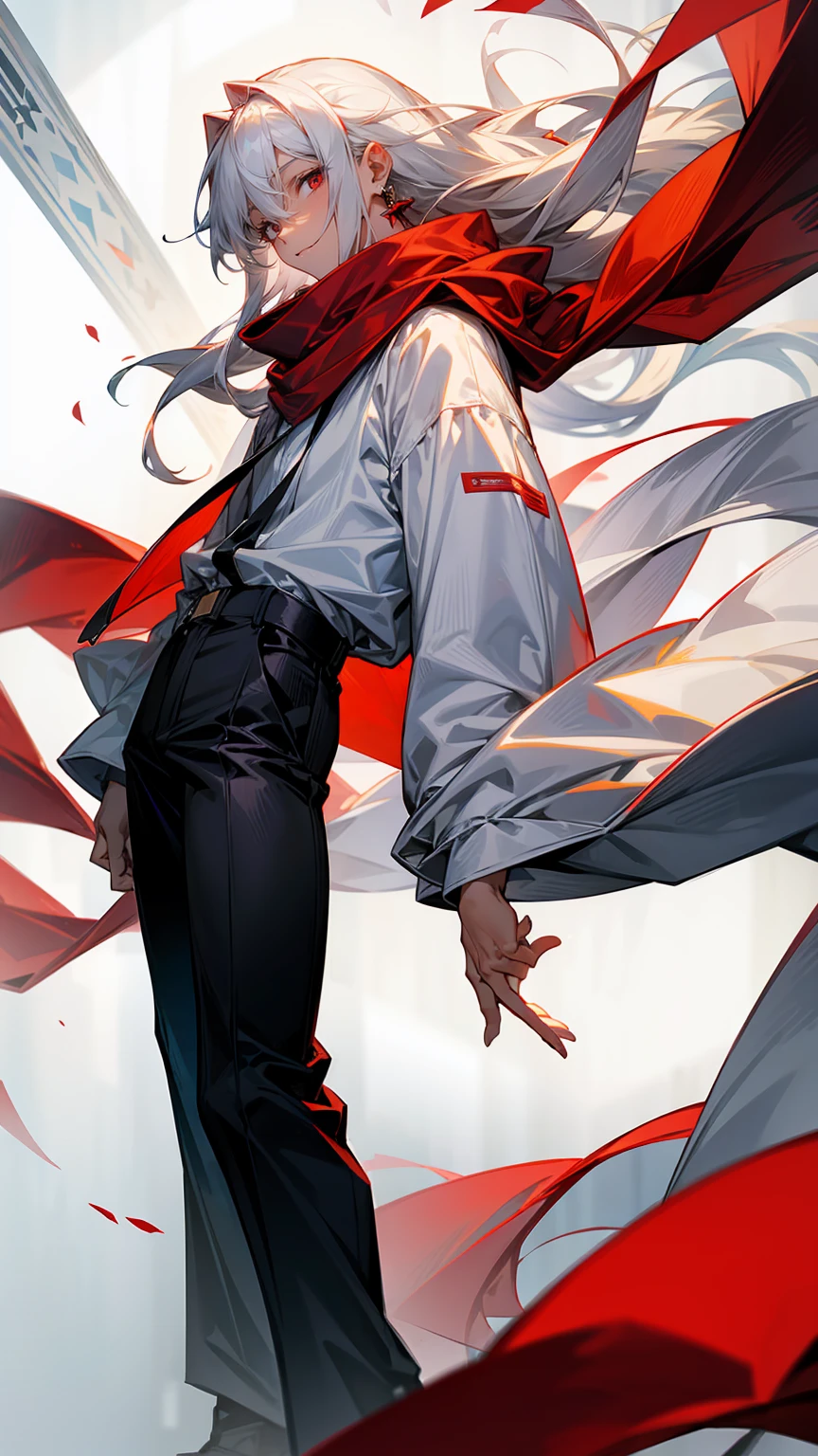 1male, Adult, Long White Hair, White Baggy Long Sleeve Shirt, Baggy Black Pants, Red Eyes, Red Scarf, Earring, Masculine