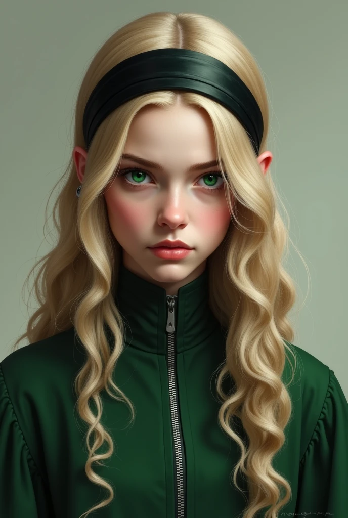 elle a une peau d'ivoire, le visage rond, des yeux verts émeraudes, un regard méchant, de longs cheveux blonds plates avec des boucles anglaises accessoirisé d'un serre tête noir, et elle porte un uniforme de serpentard