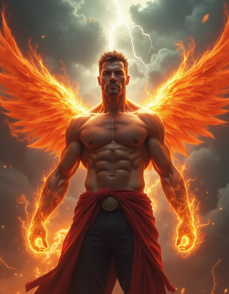 1boy, solo,mature male, elemental phoenix, serious, (best quality, highly detailed, masterpiece, UHD), (Photorealistic:1.3), fullbody shot, in a stormy background