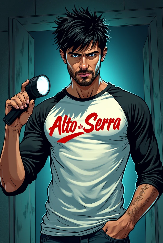 Comic book style image, man 20 years old badboy, short messy black hair with blue eyes with serious expression, beard made, defined body with a white shirt with black sleeves with Alto Da Serra written in red, holding a flashlight in his hand looking for something, de corpo inteiro, kind of dark academia style