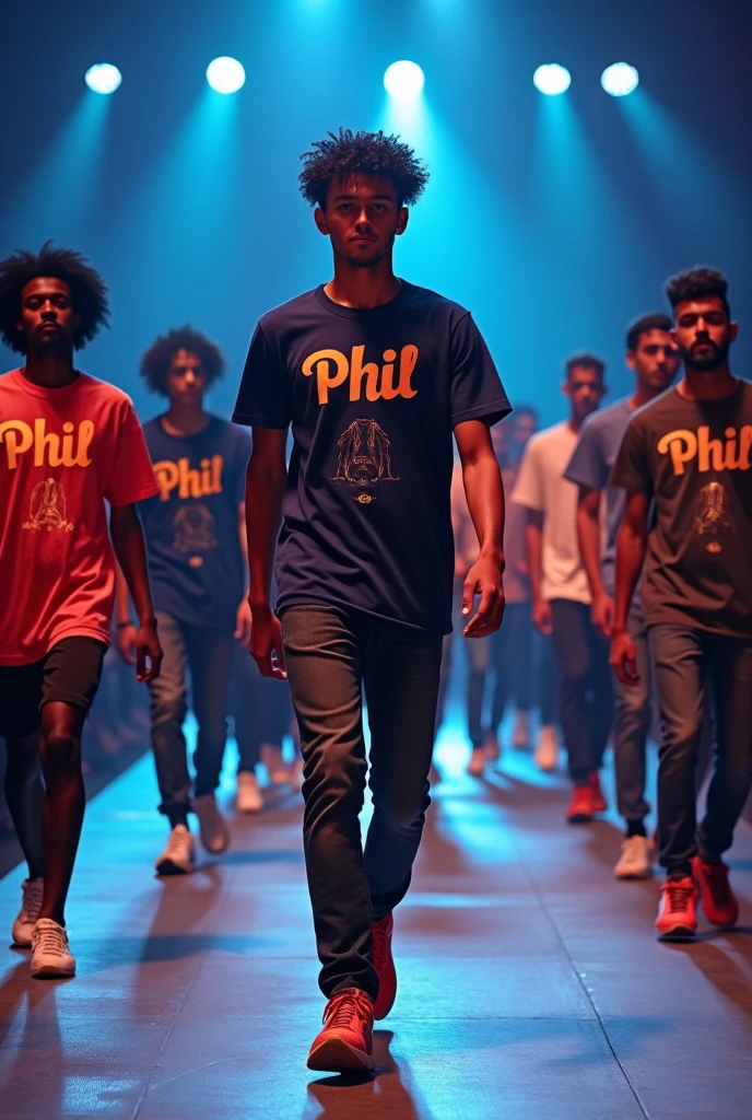 create a fashion show scenario and people wearing shirts with Phil written on them
