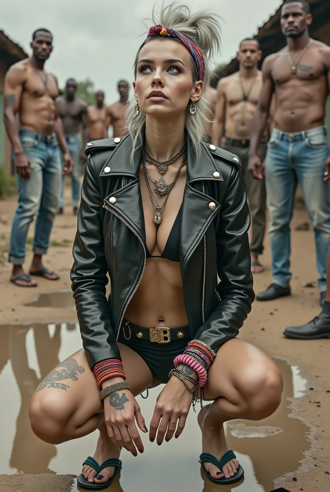 russian milf woman, grey hair (pouf, huge top bun and shaved sides), oversized square maxisunglasses, colourful bandana as headband, with very light blue eyes, extremely pale skin. Wearing tight aged black moto jacket studded collar) with lots of zippers and pins; shiny black latex bikini, flip flops . Chain around hips like belts. Dirty knees and dusty hands. Lots of metallic bracelets, lots of boho pendants and lots of colourful beads collars. Long huge boho. Chains around the hips. Squatting on a puddle with hands on her hips, looking up, chin up, stretching her neck , humble facial expression. Bracelets in ankles and rings in fingers. Black nail polish. studded black leather tote bag with chain on the floor, next to her.. Listening looking up in amazement to somebody speaking to her from the sky, upper teeth visible. Well toned abdominals, thin neck, slim legs and thin arms. Narrow hips Cleavage, stomach, neck, tigh and hands completely covered with tattoos. Dirt street in Kenyan village full of waste. A lot of tanned shirtless fat men in jeans around looking at her. next to her, all her belongings scattered on the floor: tobacco packs, makeup kit, little makeup mirror, studded black leather tote bag, lipstick, wallet, moble etc on the floor