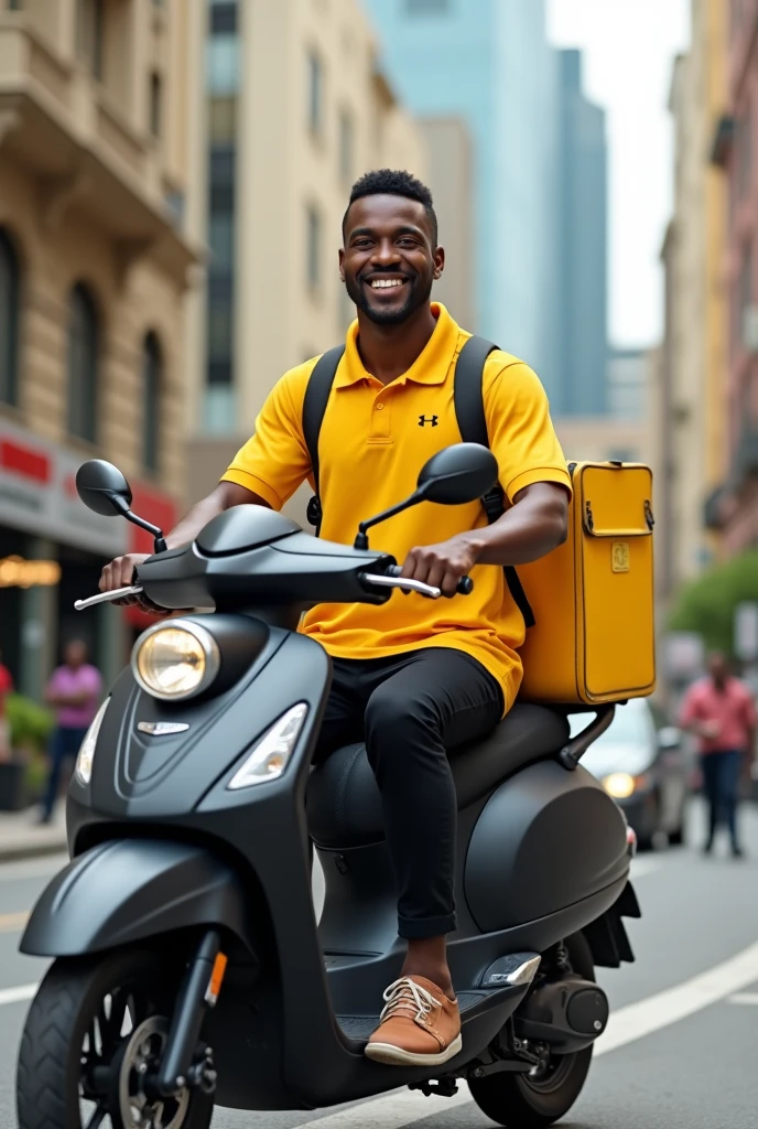 Un agent de livraison africain souriant , dressed in yellow knitted shorts and black pants , qui porte un sac de livraison jaune à dos sur une scooter noire