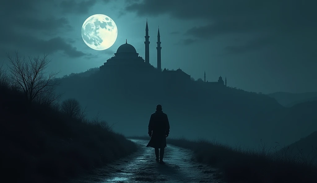 (Islamic horror story le : Shadows in the third part of the night)
Scene 2: Hassan Walks Towards the Mosque on the Hill - Description: Hassan berjalan sendirian di dark path, lit only by the dim moonlight. Around him, the sound of crickets and the night wind blowing can be heard.
- Focus: Hassan with a calm face, dark path, and the quiet atmosphere of the night.